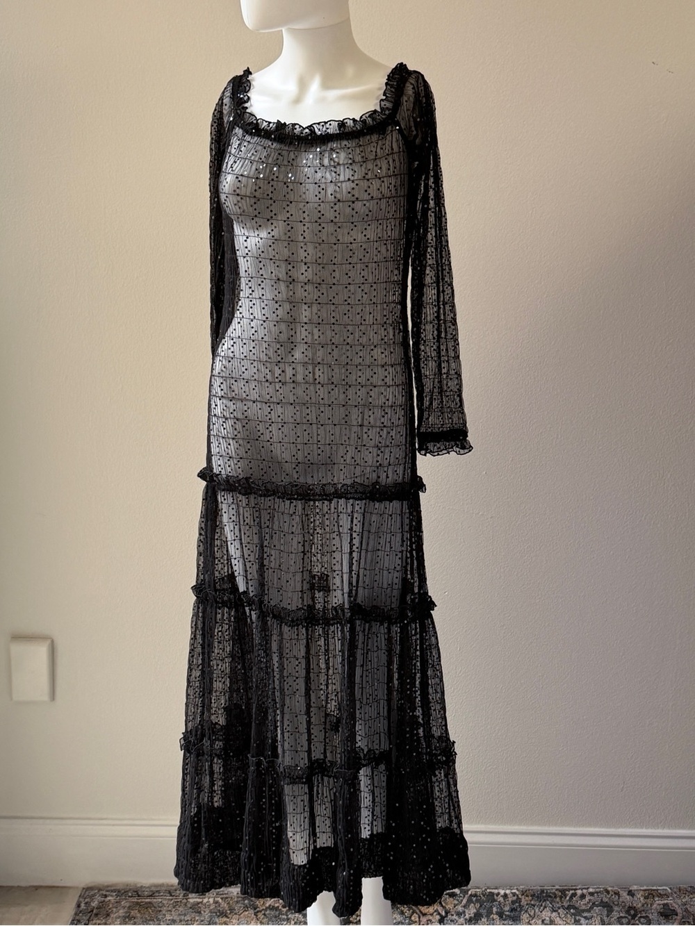 Vintage Sheer Black Lace Tiered Maxi Dress